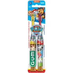 Dos cepillos pediatricos, paw patrool con hilo dental 3años