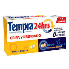 TEMPRA 24 HRS DÍA Y NOCHE, cajacon 12 tabletas. paracetamol/fenilefrina 400mg/20mg