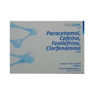 Paracetamol, Cafeina, Fenilefrina, Clorfenamina 500mg/25mg/5mg/4mg, caja con 10 tabletas / SALUCOM