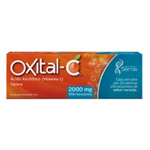 Oxital C 2000 mg Efervescente. Ácido Ascórbico (Vitamina C) Caja con tubo con 10 tabletas.