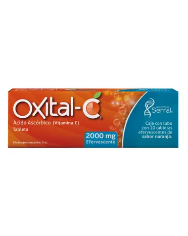 Oxital C 2000 mg Efervescente. Ácido Ascórbico (Vitamina C) Caja con tubo con 10 tabletas.